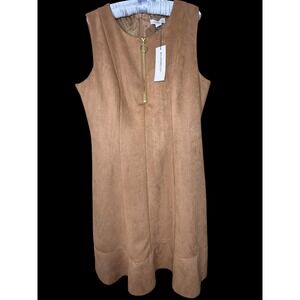 Liz Claiborne Faux Suede O-Ring Zip Front Shift Dress Caramel Womens 16 NWT